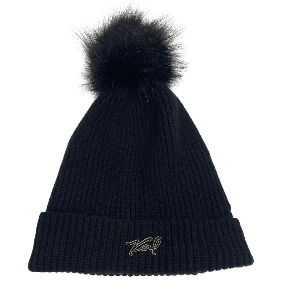 Karl Lagerfeld Beanie Womens OS Black Faux‎ Fur Pom Ribbed Knit Velvet Designer